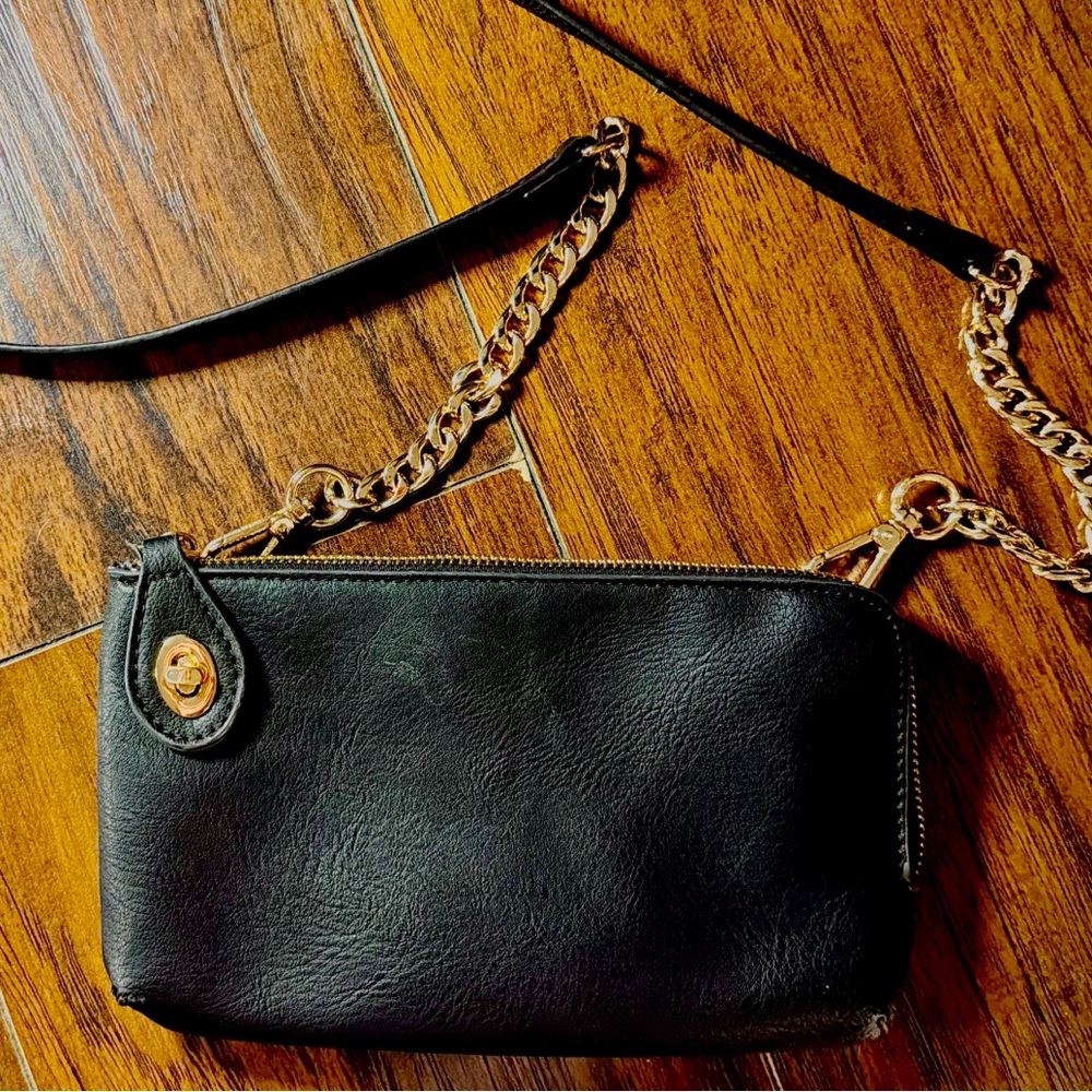 Black Crossbody Bag Gold Chain Strap Small Zip Bag Minimalist Bag